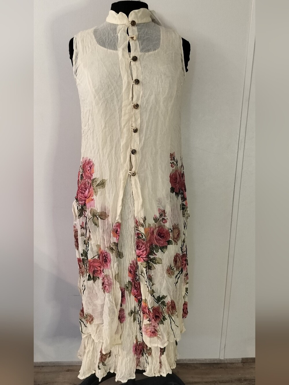 Cream Sleeveless Dress with Pink Rose Print and Button Front